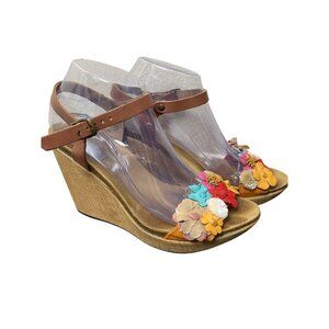 Bios Step Leather Fabric Flower Wedge Sandals Brown Size 8.5 Whimsical Feminine